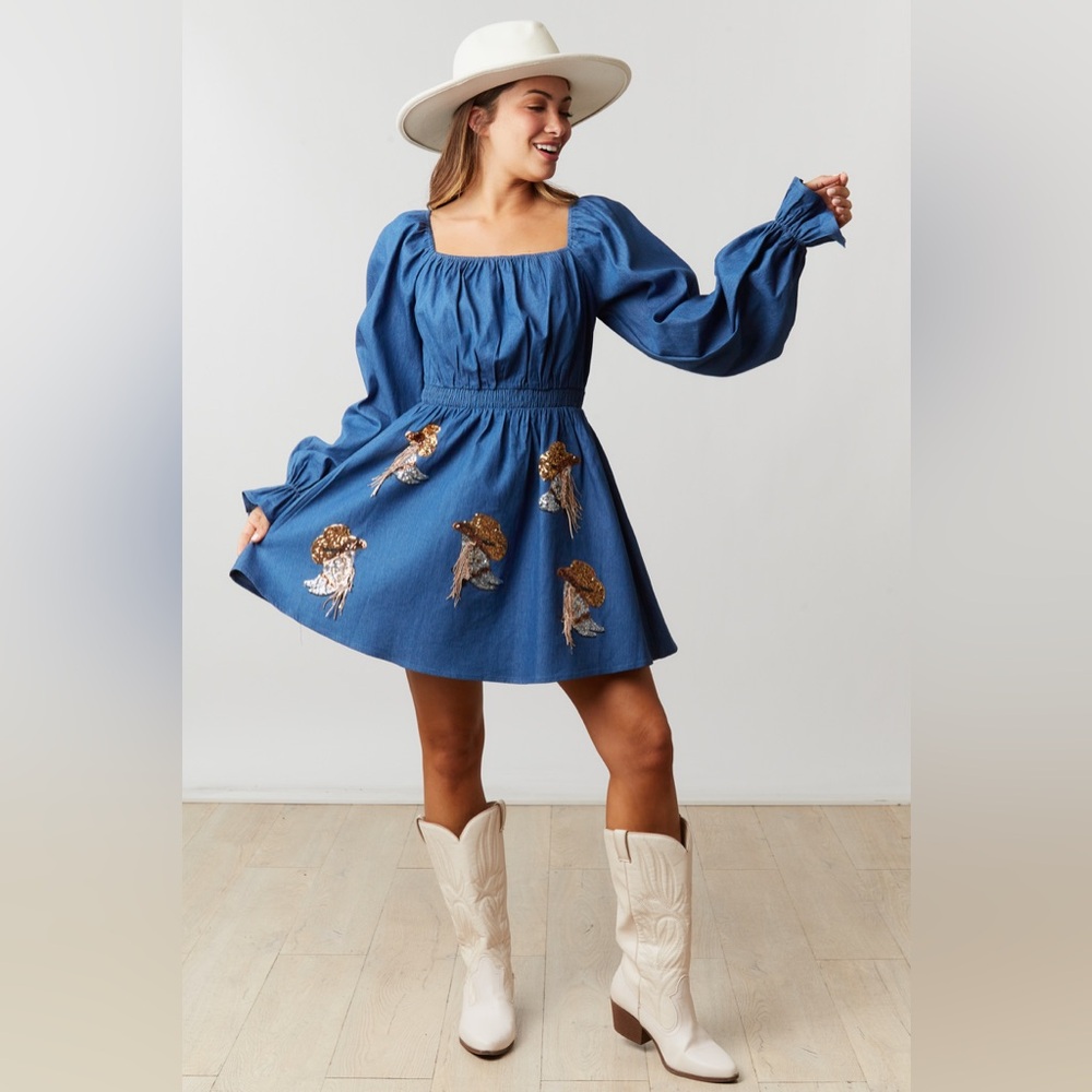 F8 restock! fantastic fawn dress cowgirl sequence small medium large boutique